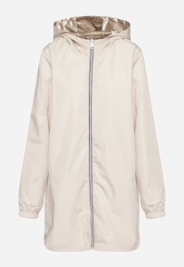 Jasnobeżowa Kurtka Dwustronna z Nieodpinanym Kapturem i Metalicznym Efektem Lirednil