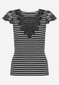 Czarny Bawełniany T-shirt z Prążkowanej Dzianiny Ozdobiony Koronką Liasilo